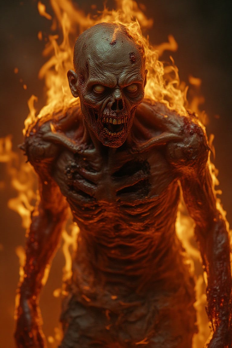 A close-up shot of a zombie, its decaying body engulfed in flames, with tattered clothing and exposed bones visible. The zombie's face is contorted in agony, with hollow, lifeless eyes. The lighting is intense, with the fire casting flickering shadows and a fiery glow. The composition is tight, focusing intensely on the zombie's burning form, creating a sense of horror and desperation. The overall atmosphere is chaotic and terrifying.