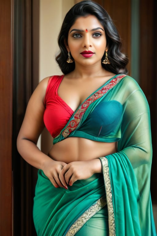 Full portrait of beautiful Indian woman in saree, glamorous makeup, vibrant red lips, naked, beautiful equal eyes, elegant pose, ultra realistic skin, natural lighting, looking at camera , exposed_pussy, cunt,,more detail XL, elegant pose, Indian lots of jewellery on waist,chubby, navel, cleavage cutout,braid, full_body 