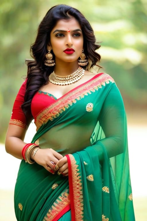 Full portrait of beautiful Indian woman in saree, glamorous makeup, vibrant red lips, naked, beautiful equal eyes, elegant pose, ultra realistic skin, natural lighting, looking at camera , exposed_pussy, cunt,,more detail XL, elegant pose, Indian lots of jewellery on waist,chubby, navel, cleavage cutout,long braided_hair, full_body 