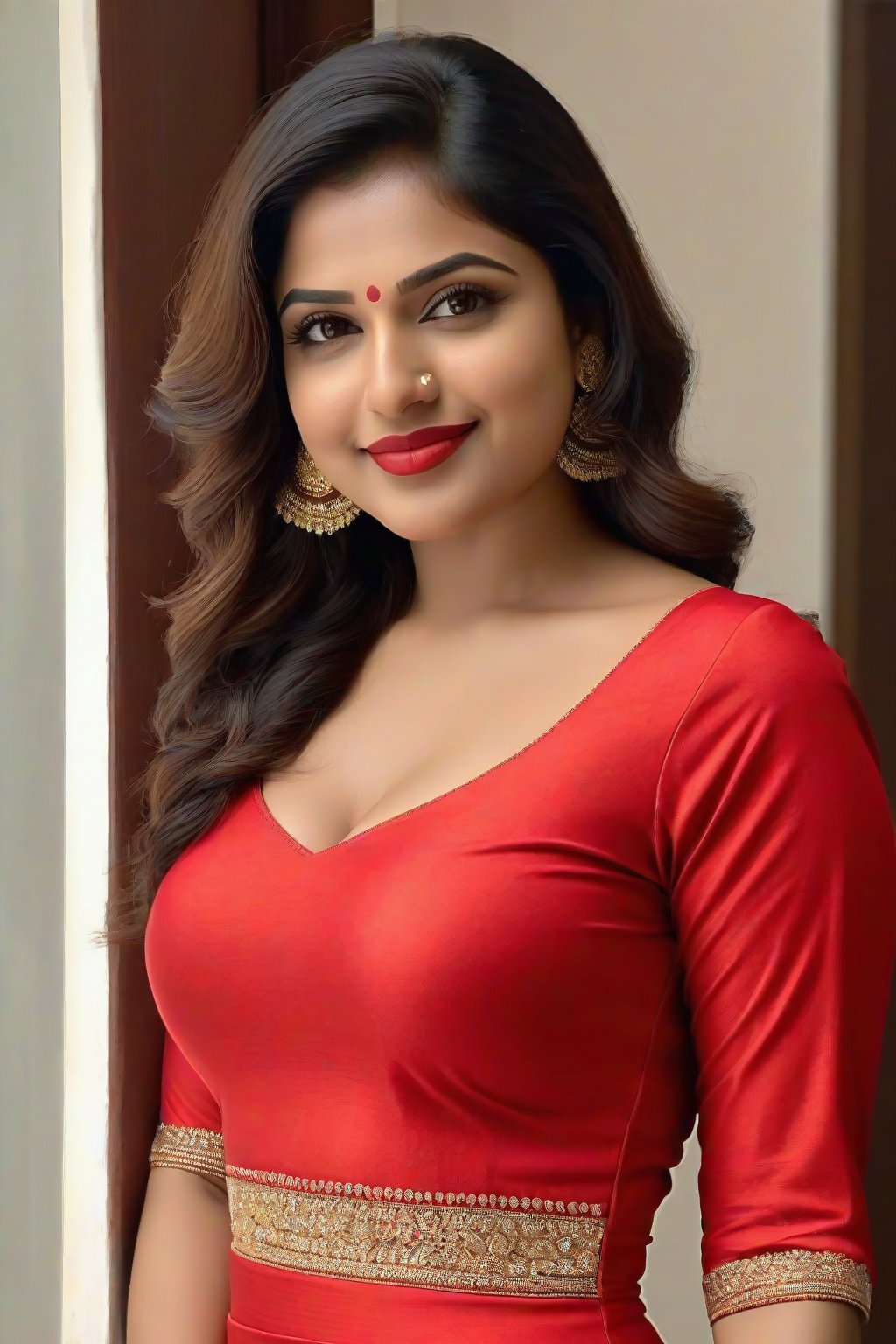 Full portrait of beautiful Indian woman in western knee length short ((red bodycon)) , ((glamorous bold makeup)), vibrant red detailed lips, beautiful eyes, elegant pose, ultra realistic, 8k, realistic, cinematic lighting, looking at camera ,hyper detail ,smiley looks,Praval,photorealistic, housewife, bright white skin, ((bright skin tone)),Hyper detailed,Realistic,,cutout dress,l0wcutdress,bodyconc,dongtan dress,Indian aunty