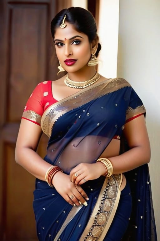 Full portrait of beautiful Indian woman in saree, glamorous makeup, vibrant red lips, naked, beautiful equal eyes, elegant pose, ultra realistic skin, natural lighting, looking at camera , exposed_pussy, cunt,,more detail XL, elegant pose, Indian lots of jewellery on waist,chubby, navel, cleavage cutout,braided_hair, full_body 