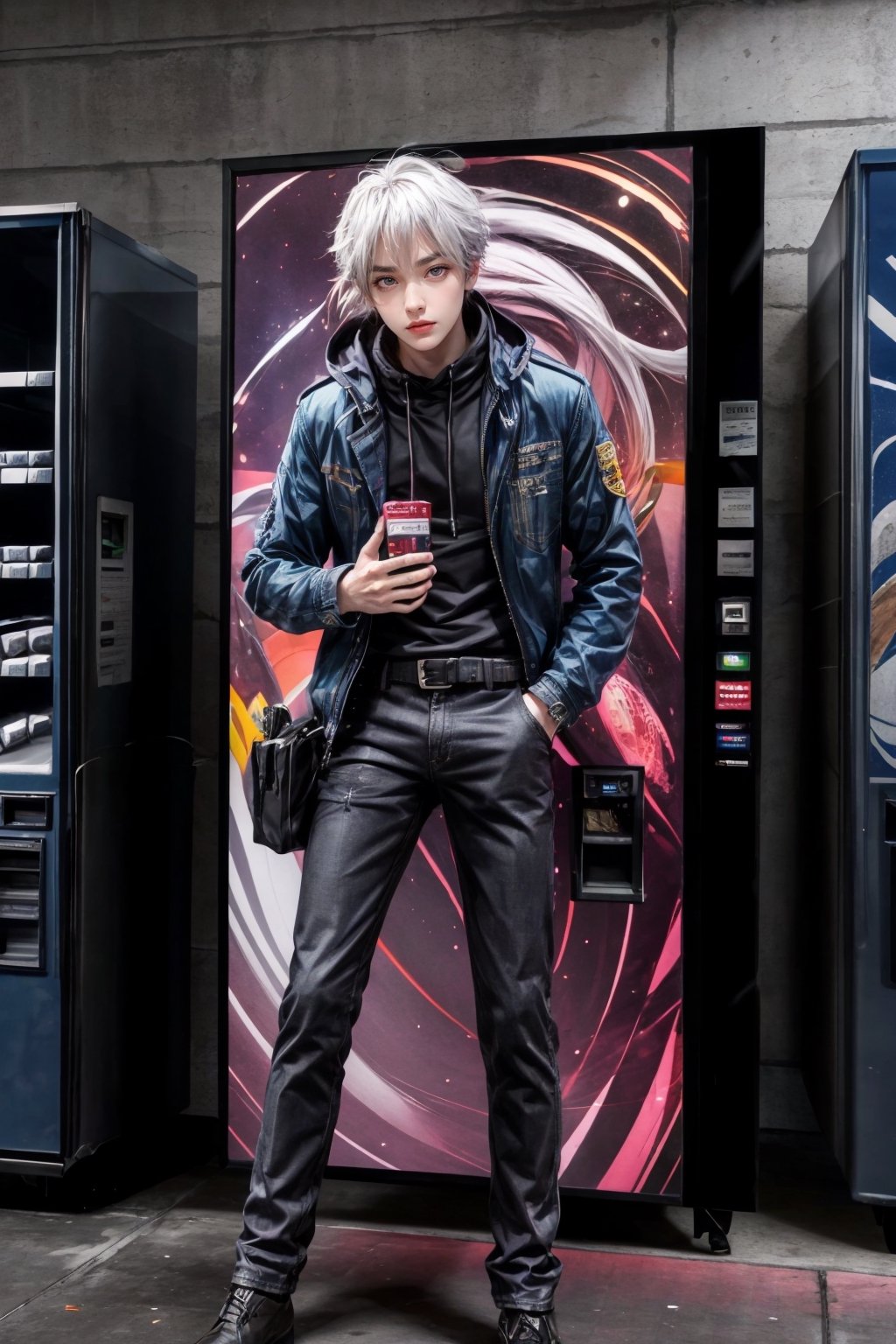 full body, gojo satoru, Highly detailed, High Quality, Masterpiece, beautiful, focus male, solo, VendingMaschine, vending machine, pink eyes, long hair