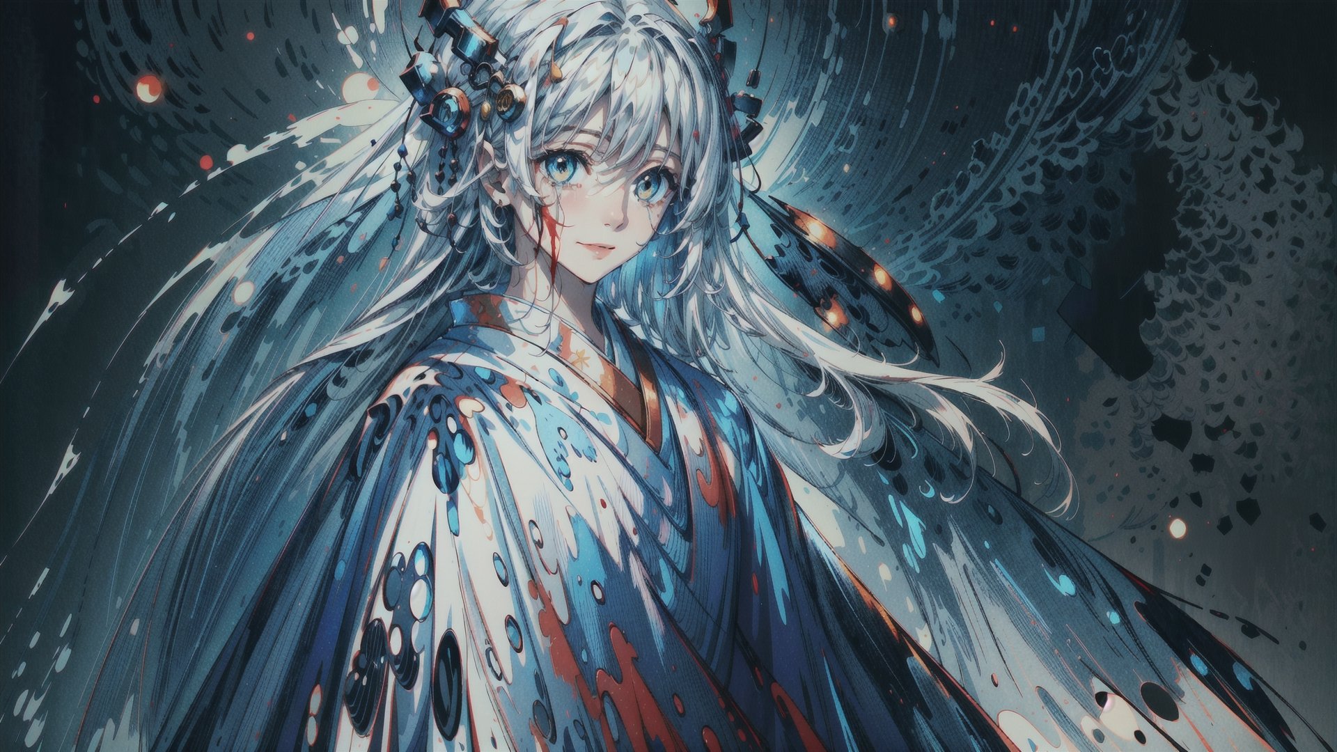 (straight_shota), full body, (solo), white_hair, long_hair, long_traditional_japanese_clothes, Highly detailed, starry sky,bright clothes, jewelery, (masterpiece, best quality, highres:1.3), ultra resolution image, (solo), smile expression, crying_with_eyes_open, CryingBlood, blood,