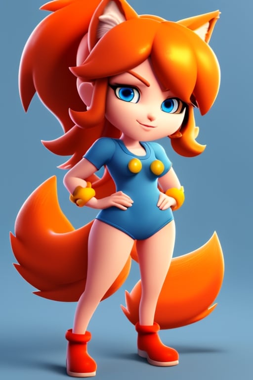 wolf gril ,8k, orange_hair, higt quality, beautiful gril, blue eyes, whole body, with orange wolf tail, mario_bros