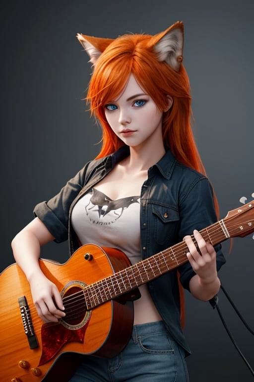 wolf gril ,8k, orange_hair, higt quality, beautiful gril, blue eyes, whole body, with orange wolf tail, guitar