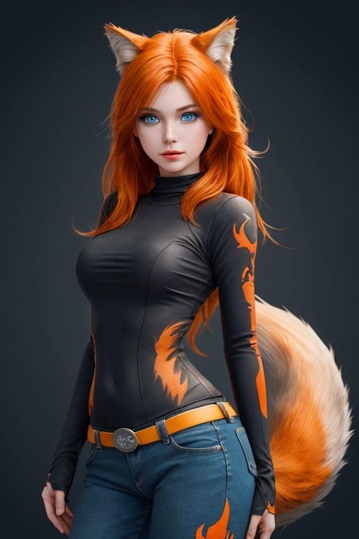 wolf gril ,8k, orange_hair, higt quality, beautiful gril, blue eyes, whole body, with orange wolf tail, minion