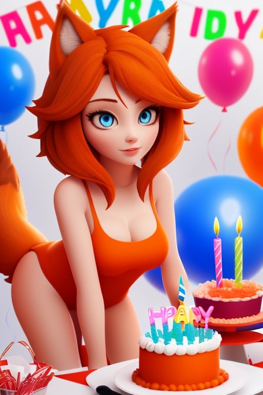 wolf gril ,8k, orange_hair, higt quality, beautiful gril, blue eyes, whole body, with orange wolf tail, Birthday Party