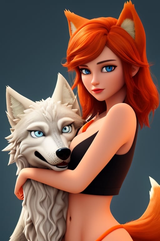 wolf gril ,8k, orange_hair, higt quality, beautiful gril, blue eyes, whole body, with orange wolf tail, in the lord or teh rings