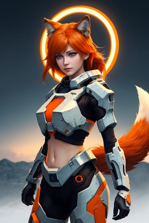 wolf gril ,8k, orange_hair, higt quality, beautiful gril, blue eyes, whole body, with orange wolf tail, halo:_combat_evolved