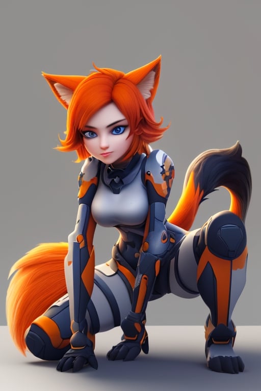 wolf gril ,8k, orange_hair, higt quality, beautiful gril, blue eyes, whole body, with orange wolf tail, gear_of_war