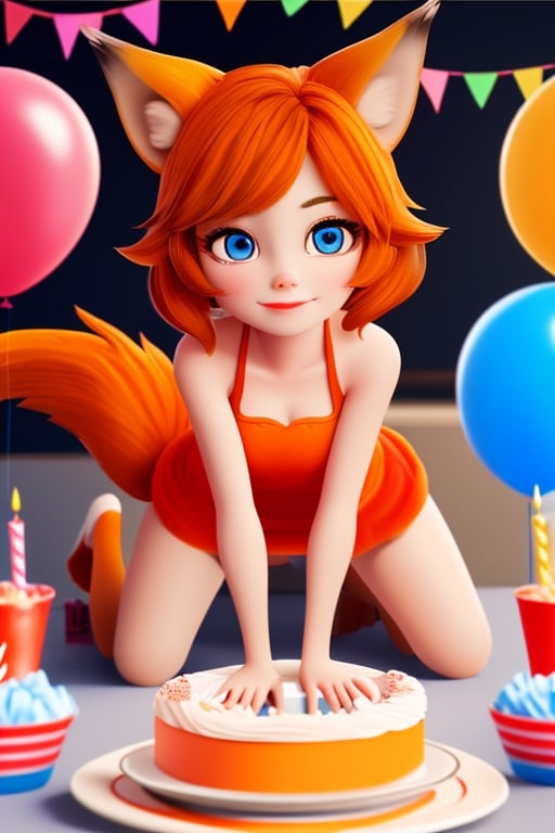 wolf gril ,8k, orange_hair, higt quality, beautiful gril, blue eyes, whole body, with orange wolf tail, Birthday Party