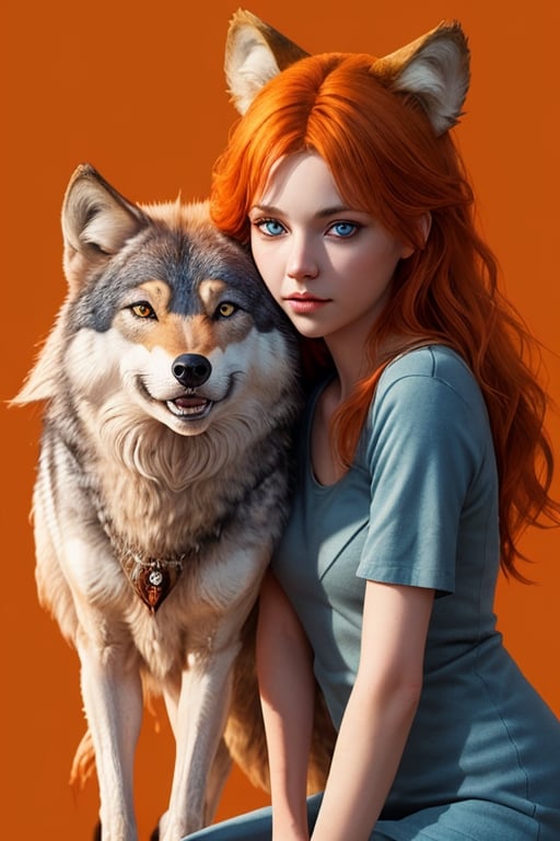 wolf gril ,8k, orange_hair, higt quality, beautiful gril, blue eyes, whole body, with orange wolf tail, disney