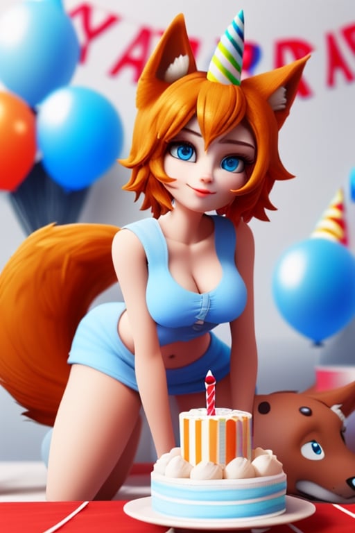 wolf gril ,8k, orange_hair, higt quality, beautiful gril, blue eyes, whole body, with orange wolf tail, Birthday Party