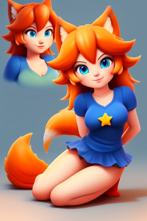 wolf gril ,8k, orange_hair, higt quality, beautiful gril, blue eyes, whole body, with orange wolf tail, mario_bros