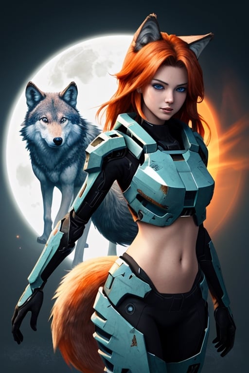 wolf gril ,8k, orange_hair, higt quality, beautiful gril, blue eyes, whole body, with orange wolf tail, halo:_combat_evolved