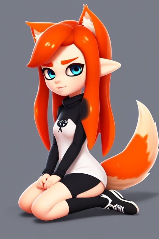 wolf gril ,8k, orange_hair, higt quality, beautiful gril, blue eyes, whole body, with orange wolf tail, inkling girl 