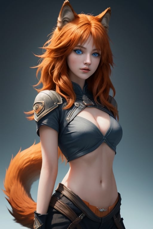 wolf gril ,8k, orange_hair, higt quality, beautiful gril, blue eyes, whole body, with orange wolf tail, disney