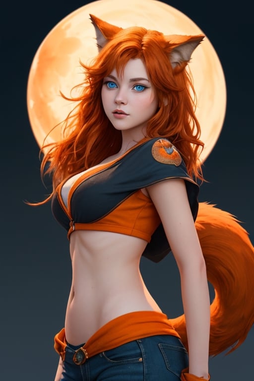 wolf gril ,8k, orange_hair, higt quality, beautiful gril, blue eyes, whole body, with orange wolf tail, disney