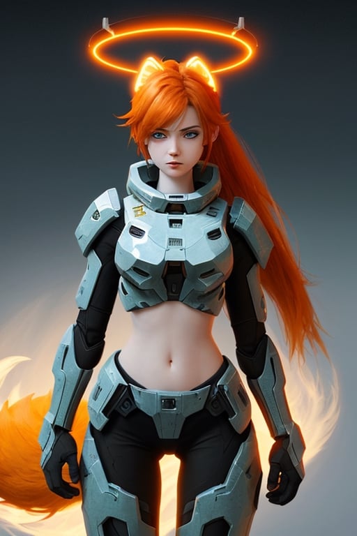 wolf gril ,8k, orange_hair, higt quality, beautiful gril, blue eyes, whole body, with orange wolf tail, halo:_combat_evolved