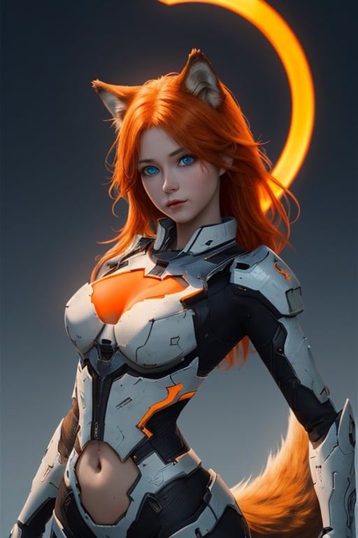 wolf gril ,8k, orange_hair, higt quality, beautiful gril, blue eyes, whole body, with orange wolf tail, halo:_reach