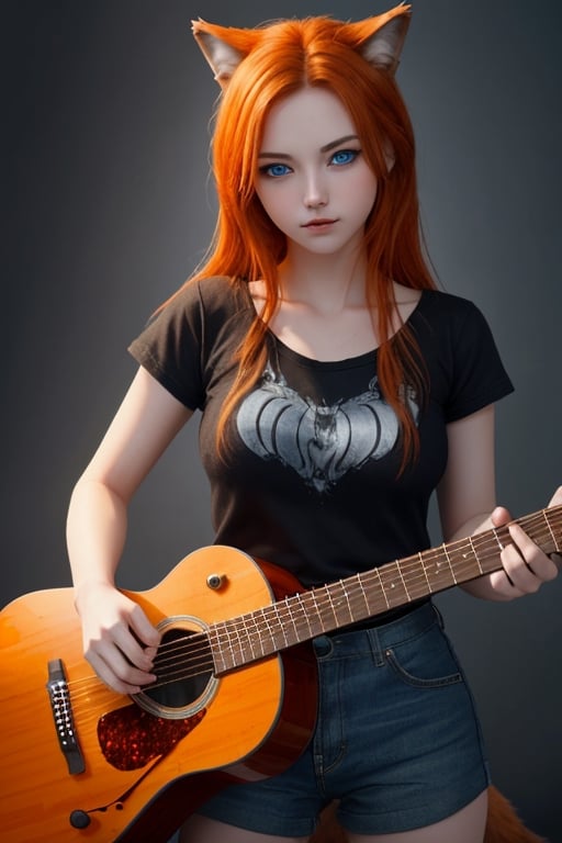 wolf gril ,8k, orange_hair, higt quality, beautiful gril, blue eyes, whole body, with orange wolf tail, guitar