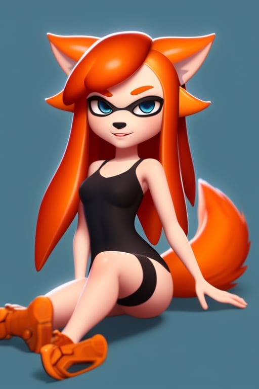 wolf gril ,8k, orange_hair, higt quality, beautiful gril, blue eyes, whole body, with orange wolf tail, inkling girl 