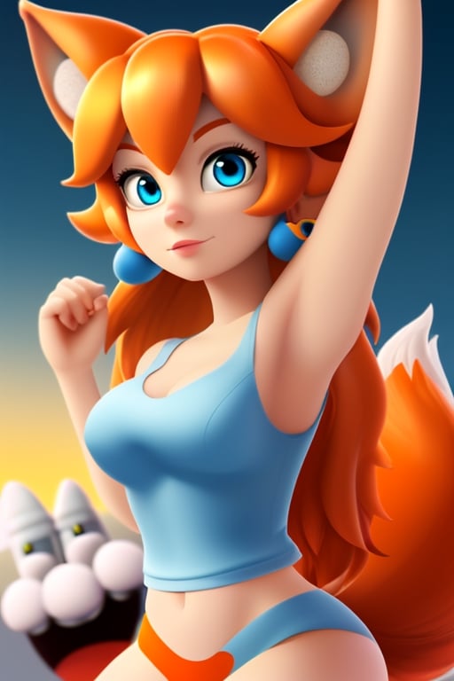 wolf gril ,8k, orange_hair, higt quality, beautiful gril, blue eyes, whole body, with orange wolf tail, mario_bros