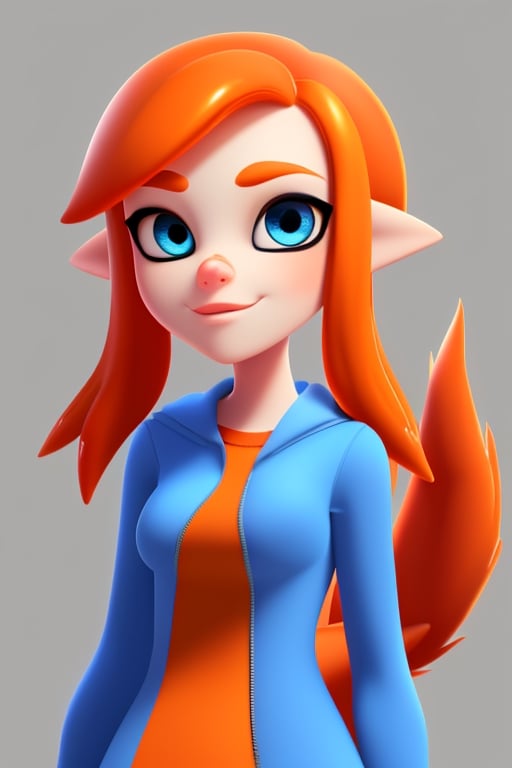 wolf gril ,8k, orange_hair, higt quality, beautiful gril, blue eyes, whole body, with orange wolf tail, inkling girl 