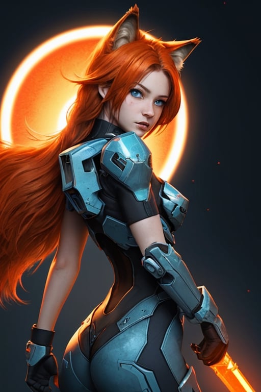 wolf gril ,8k, orange_hair, higt quality, beautiful gril, blue eyes, whole body, with orange wolf tail, halo:_combat_evolved