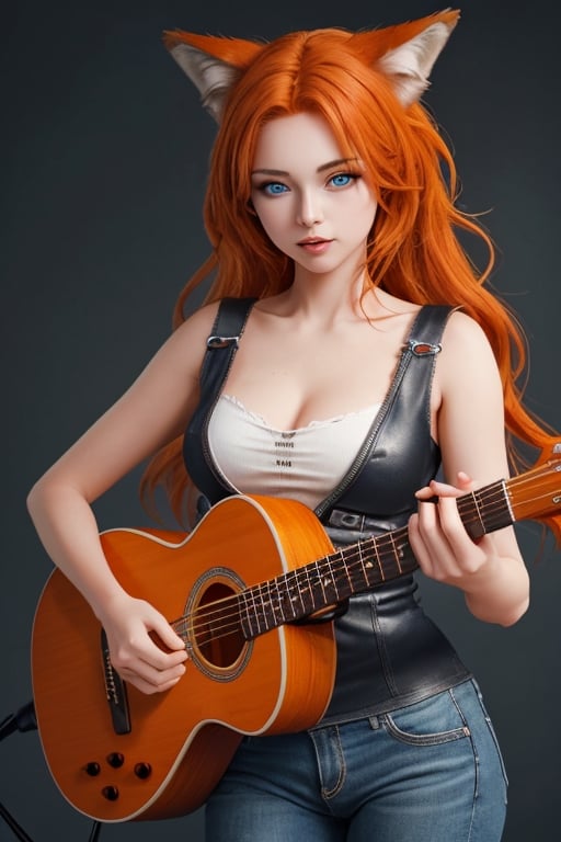 wolf gril ,8k, orange_hair, higt quality, beautiful gril, blue eyes, whole body, with orange wolf tail, guitar