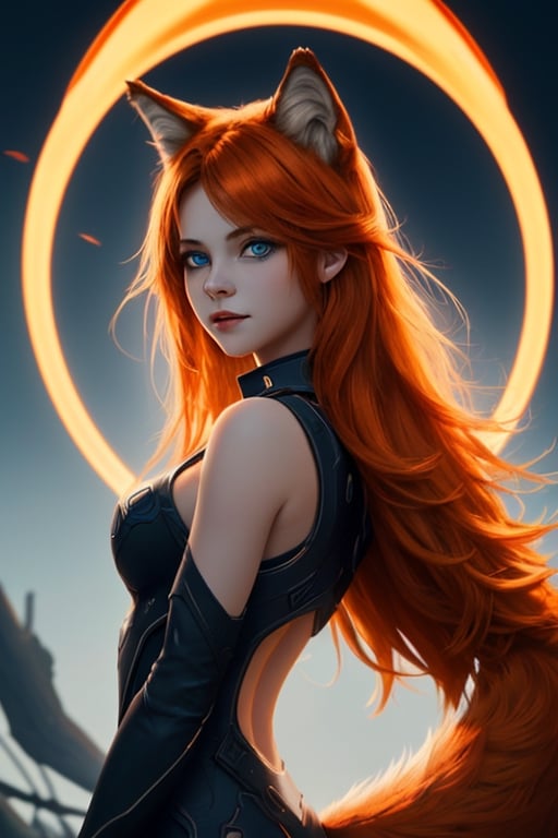 wolf gril ,8k, orange_hair, higt quality, beautiful gril, blue eyes, whole body, with orange wolf tail, halo:_reach