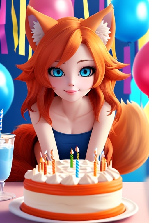 wolf gril ,8k, orange_hair, higt quality, beautiful gril, blue eyes, whole body, with orange wolf tail, Birthday Party