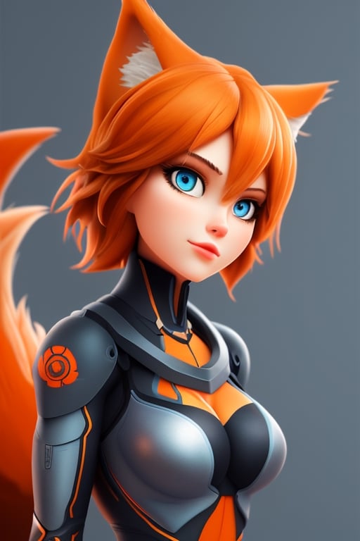 wolf gril ,8k, orange_hair, higt quality, beautiful gril, blue eyes, whole body, with orange wolf tail, gear_of_war