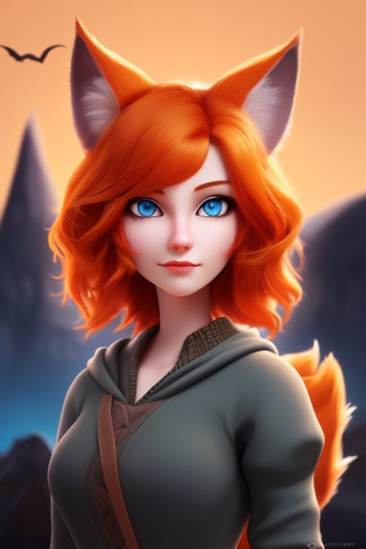 wolf gril ,8k, orange_hair, higt quality, beautiful gril, blue eyes, whole body, with orange wolf tail, in the lord or teh rings