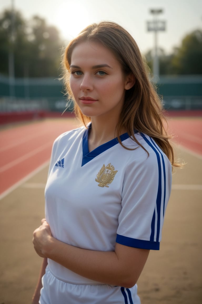 8k uhd, raw photo, sharp, extremely detailed sports portrait of an olympic archer wearing the national team uniform drawing a futuristic recurve bow. Focus on capturing the archers deep concentration and form as the late evening warm sunlight shining from behind the olympic athlete acts as a rimlight to separate her from the blurred stadium background with creamy bokeh. chiaroscuro, Kodak Gold 400 film, Low-key lighting Style