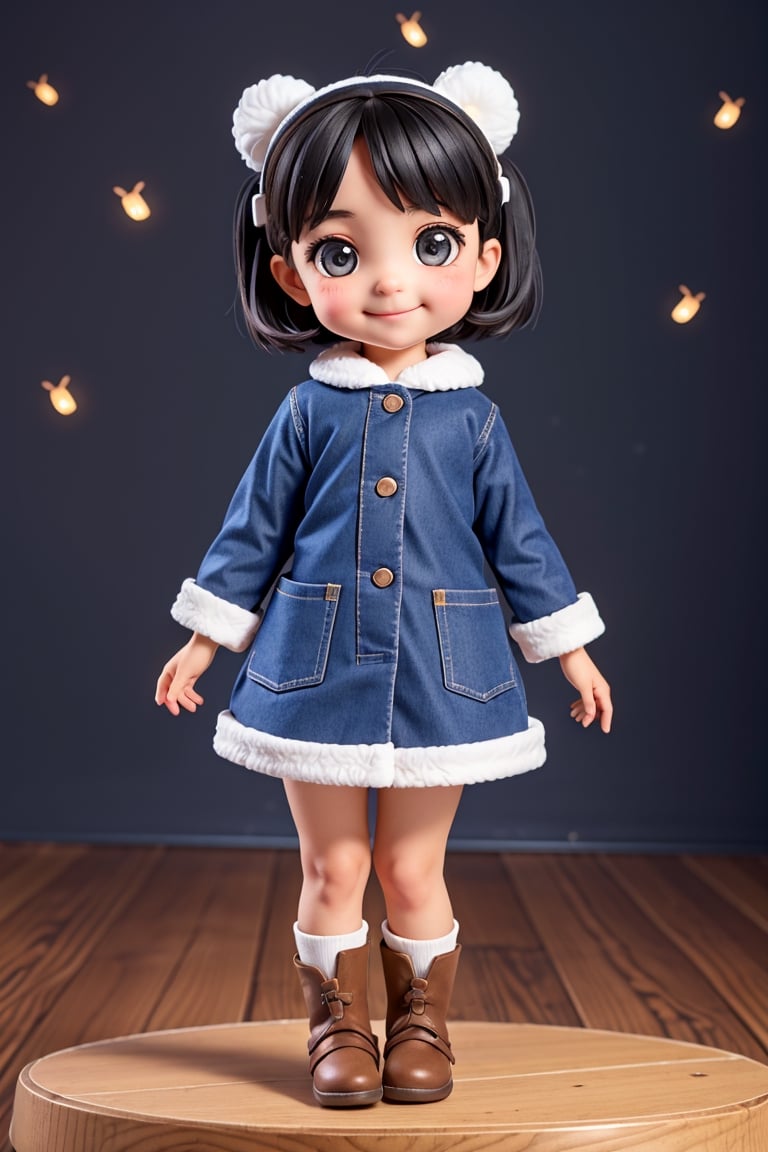  a big eyes beautiful little girl,  wearing warm clothes,  smiling happily,  so cute and sweet,  HD 8k,,black-hair,stuffed bunny,short-hair,firefliesfireflies,,sntdrs