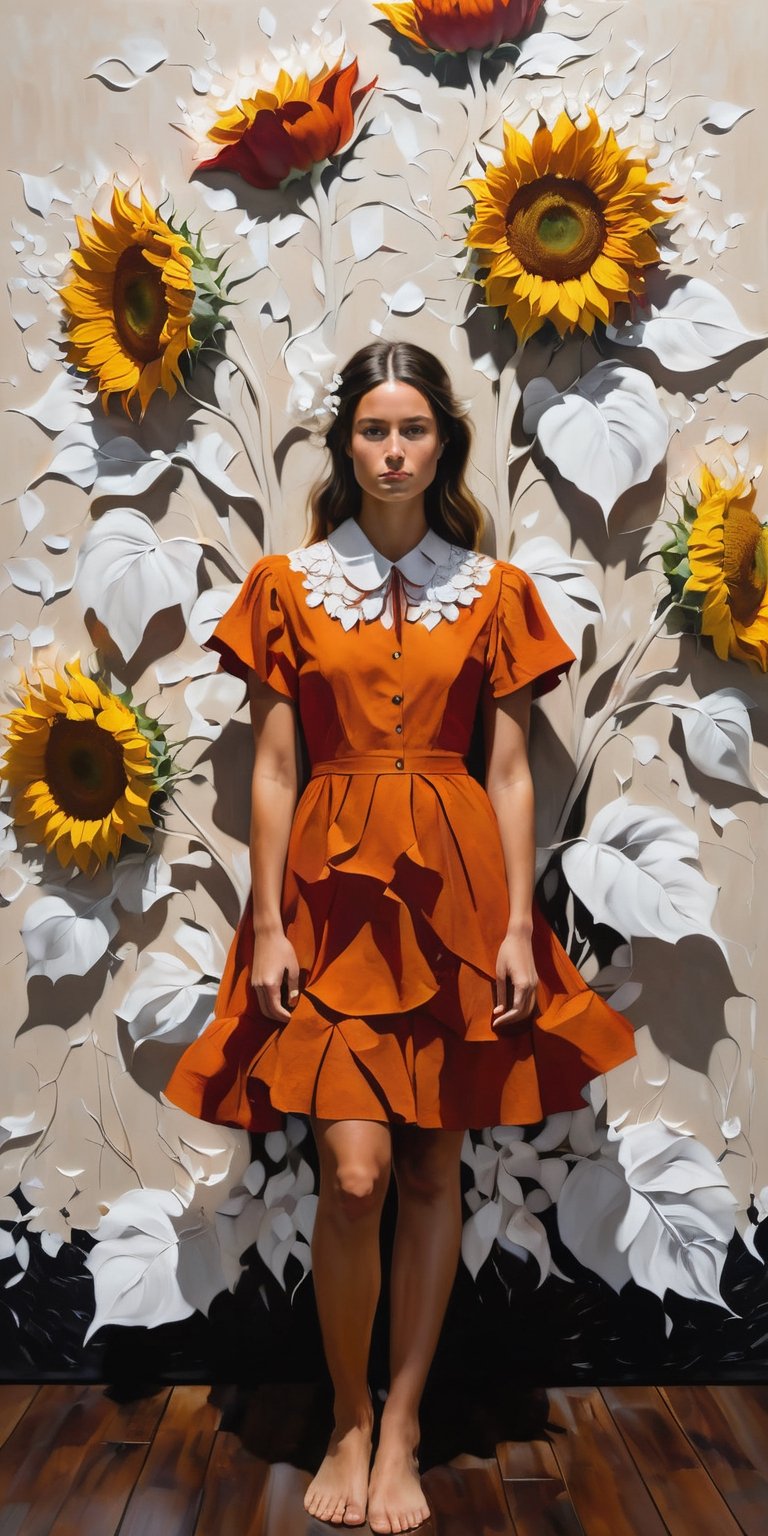 Create an artwork features a young girl standing to the left, rendered in a realistic style with a somber, contemplative expression. Her hair is tousled, and her gaze is directed away from the viewer, seemingly lost in thought. She is dressed in a rustic, burnt orange dress with a white collar, and holds a red book tightly against her side. One foot is slightly forward, emphasizing her barefoot stance on a dark wooden floor scattered with white petals or papers. Behind her is a backdrop of large, meticulously sketched sunflowers on a textured white canvas, contrasting with the bold, red wall to her right. The interplay of vivid colors and detailed pencil work creates a poignant image that is both striking and introspective.