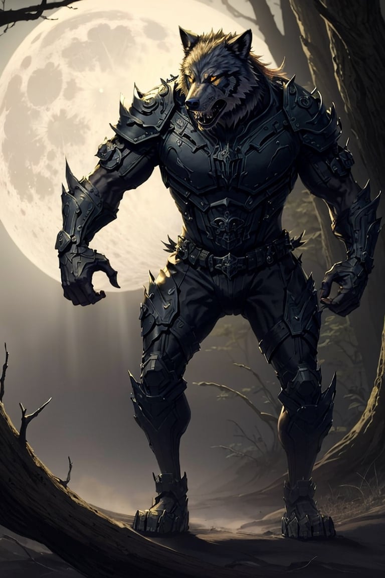 (((Masterpiece))) A huge bipedal werewolf with glowing green eyes stands in a moonlit forest clearing.  Its mouth is agape and its huge fangs glisten.  The entire scene is bathed in silver moonlight. Fog drifts between the tree trunks. ,monster,cyber_animal