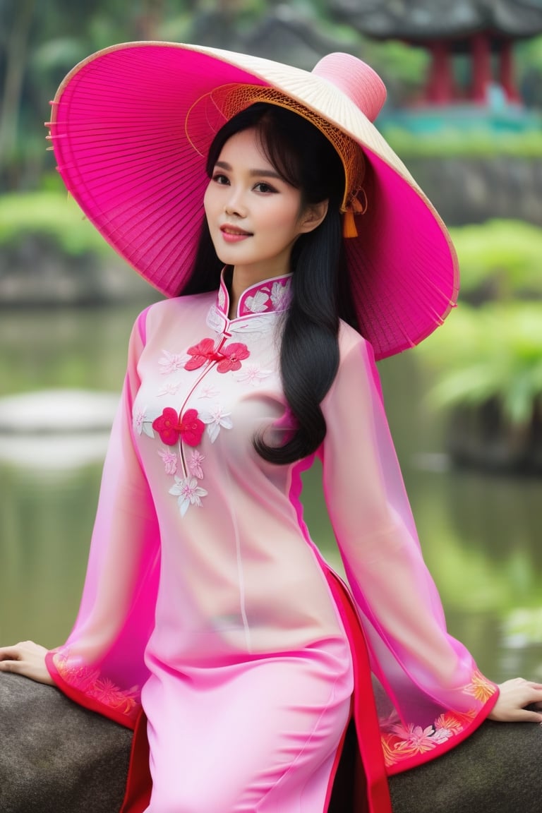 pretty woman, clear image, high resolution, high pixels, black hair, long hair, with pink Vietnamese ao dai, with one Vietnamese conical hat