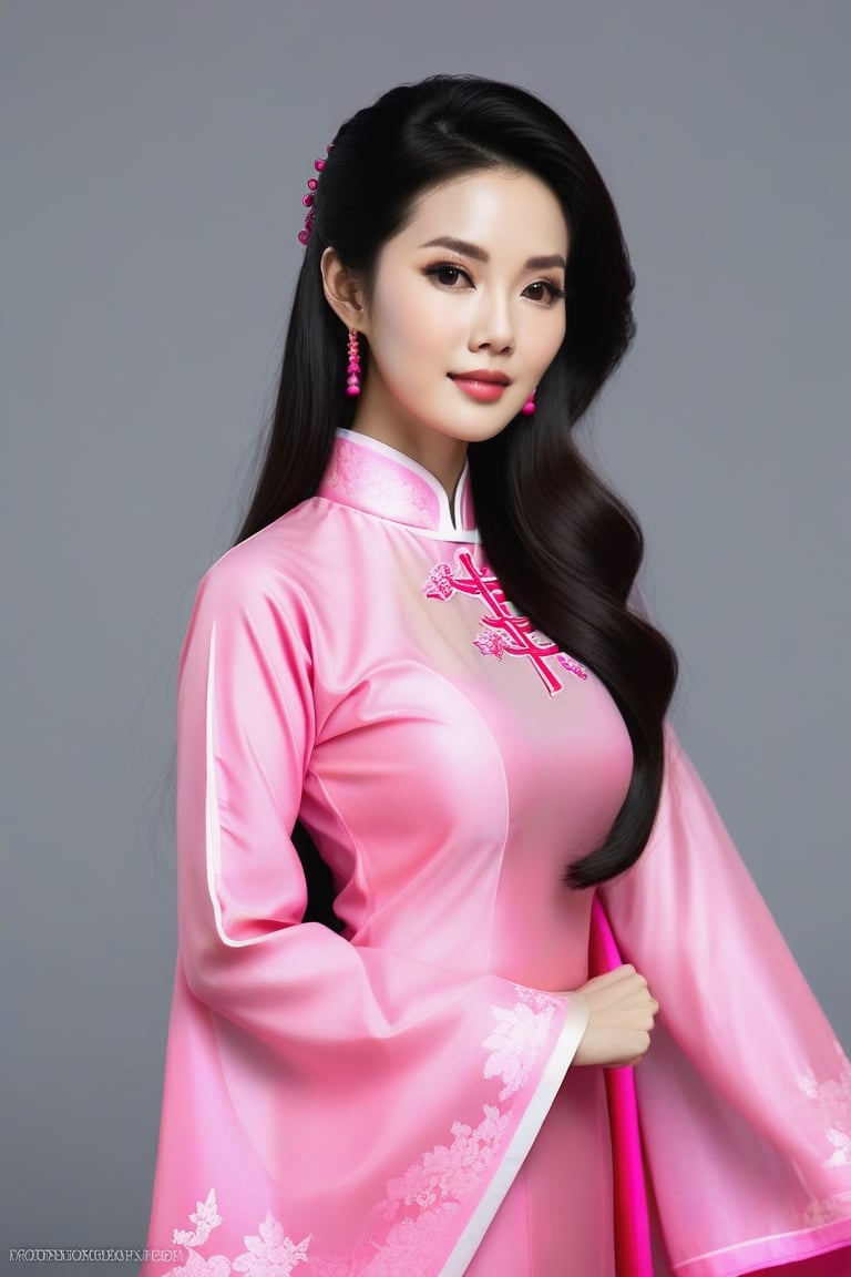 pretty woman, clear image, high resolution, high pixels, black hair, long hair, with pink Vietnamese ao dai