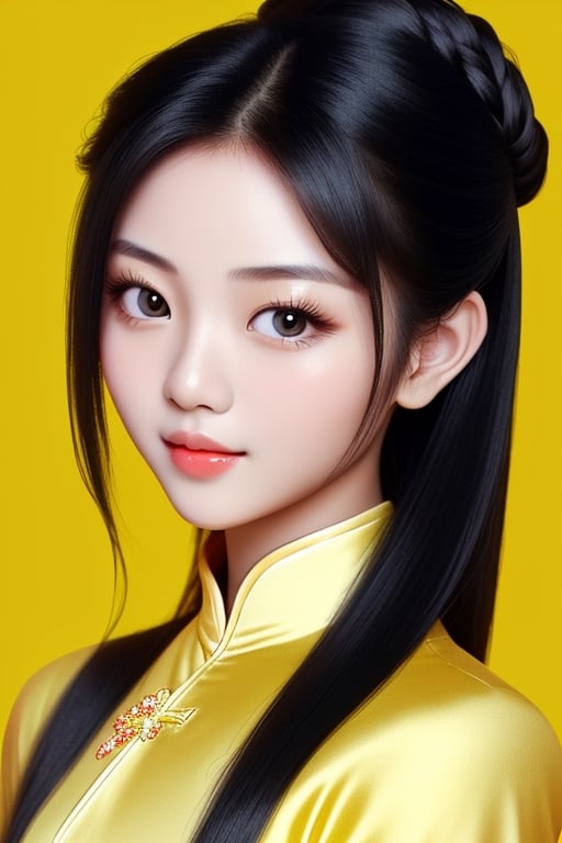 beautiful vietnamese girl, yellow background, clear image, high resolution, high pixels, black-hair