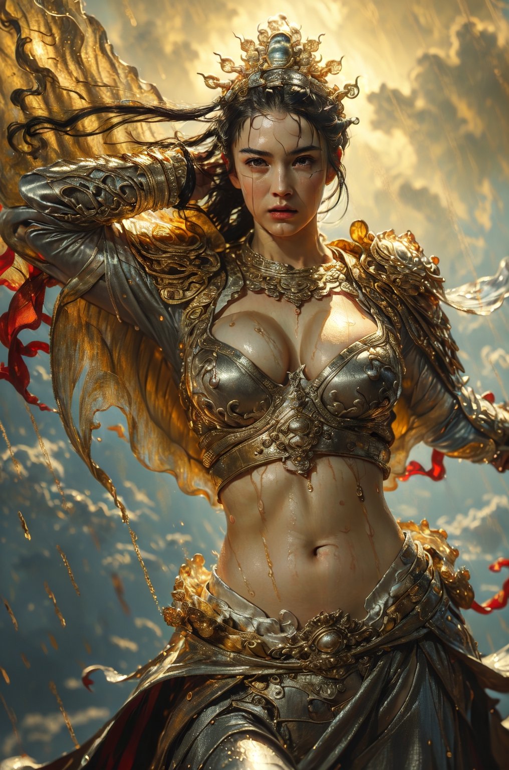 (Top quality, 4k, Masterpiece:1.3), (Photorealistic:1.2), Sharp focus, One girl, Cowboy shot, (Front facing), Beautiful woman, Super realistic, Woman standing on a cliff during a storm Warrior, (big breasts, attractive body:1.2), abs, bewitching, sexy, erotic, beautiful face, detailed face, perfect proportions, huge breasts, thin waist, navel, big butt, gap between the legs, thighs, Dark brown hair, (wet in the rain), (wet in the rain), (wet body:1.2), super detailed face, detailed lips, detailed eyes, double eyelids, wearing sensual armor, open Cleavage, sagging breasts, visible curves, on a cliff on a cape, storm, rain, wind, gusts, wet body, (depth field:1.3), (((blur))),Breasts ,Nipples ,xuer Ancient Chinese armor,renaissance