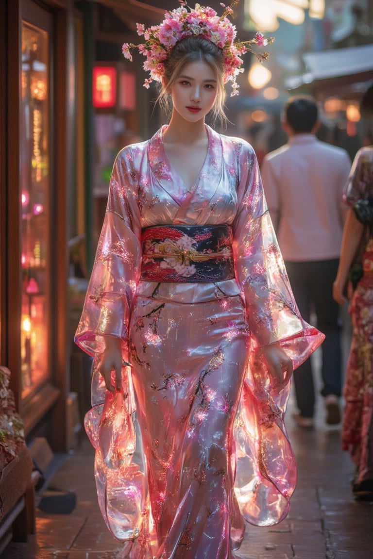 In a vibrant marketplace bustling with energy, a graceful figure adorned in a stunning kimono captures the eye. The fabric, rich in color, is elegantly draped over the wearer, showcasing intricate patterns of shimmering cherry blossoms that seem to glow with an ethereal light, illuminating the scene. The kimono flows softly with each gentle movement, the delicate silk catching the sunlight, creating a dazzling play of colors. 

Around her, the lively sounds of the market resonate—merchants calling out their wares, the rustle of fabric, and the laughter of children playing nearby. The air is fragrant with delicious aromas of street food sizzling on hot grills complemented by the sweet scent of fresh flowers from nearby stalls. 

Set against a backdrop of traditional wooden stalls painted in vivid hues, the atmosphere feels alive and inviting. As the sun begins to set, casting a warm golden hue over the scene, the woman pauses to admire her reflection in a nearby shop window, the light catching the patterns on her kimono and making them dance in the twilight. Her expression is a mix of pride and joy, embodying the beauty of heritage and modernity interwoven harmoniously.kimonoFT,Enhanced all