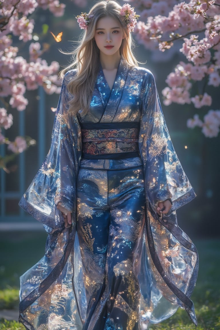 In a serene Japanese garden, a young girl gracefully dons an exquisite kimono adorned with intricate patterns that shimmer with a mesmerizing glow. The fabric, a rich indigo, contrasts beautifully with the delicate blossoms of cherry trees surrounding her, their pink petals fluttering softly in the gentle breeze. Sunlight filters through the leaves, illuminating the elegant motifs of cranes and waves that dance across her garment, creating a harmonious blend of tradition and beauty. Her long, silken hair cascades down her back, adorned with a subtle floral hairpin that mirrors the vibrant colors of the spring garden. As she moves, the soft rustle of her kimono echoes in the tranquil atmosphere, while the sweet fragrance of blooming jasmine fills the air, evoking a sense of calm and elegance. The girl’s eyes sparkle with joy and wonder, reflecting the peaceful serenity of the garden, as butterflies flit around her, drawn to the enchanting patterns of her dress,kimonoFT