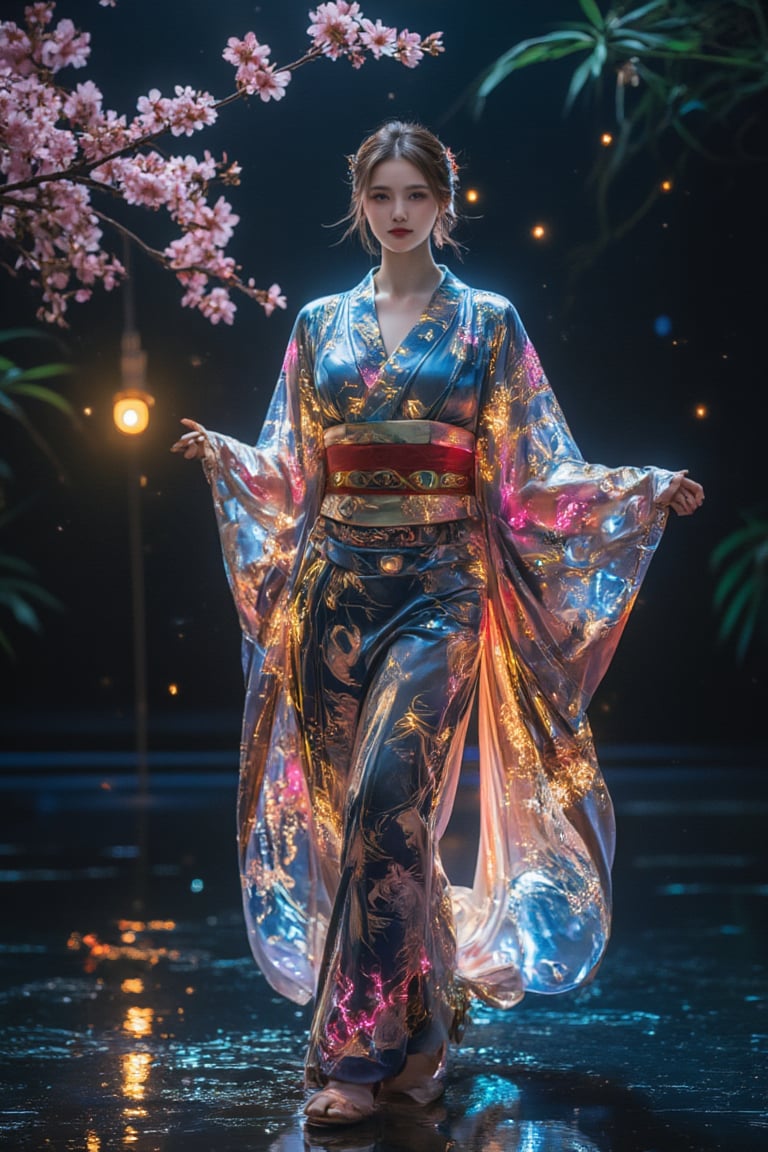 In a serene Japanese garden during twilight, a young girl gracefully wears an exquisite kimono adorned with intricate, luminous patterns that seem to dance in the fading light. The silk fabric shimmers softly, showcasing vibrant hues of deep indigo and radiant cherry blossom pink, while delicate gold threads trace elegant designs of cranes and swirling waves that gleam as they catch the last rays of the sun. As she moves through the garden, the gentle rustle of her garment harmonizes with the soothing sounds of a nearby koi pond, where golden fish glimmer beneath the surface. The air is fragrant with the sweet scent of blooming sakura, and a soft breeze carries whispers of ancient traditions. Her eyes sparkle with awe and joy, reflecting the enchanting beauty of the scene as fireflies begin to emerge, twinkling like stars around her in a magical display of illumination,kimonoFT