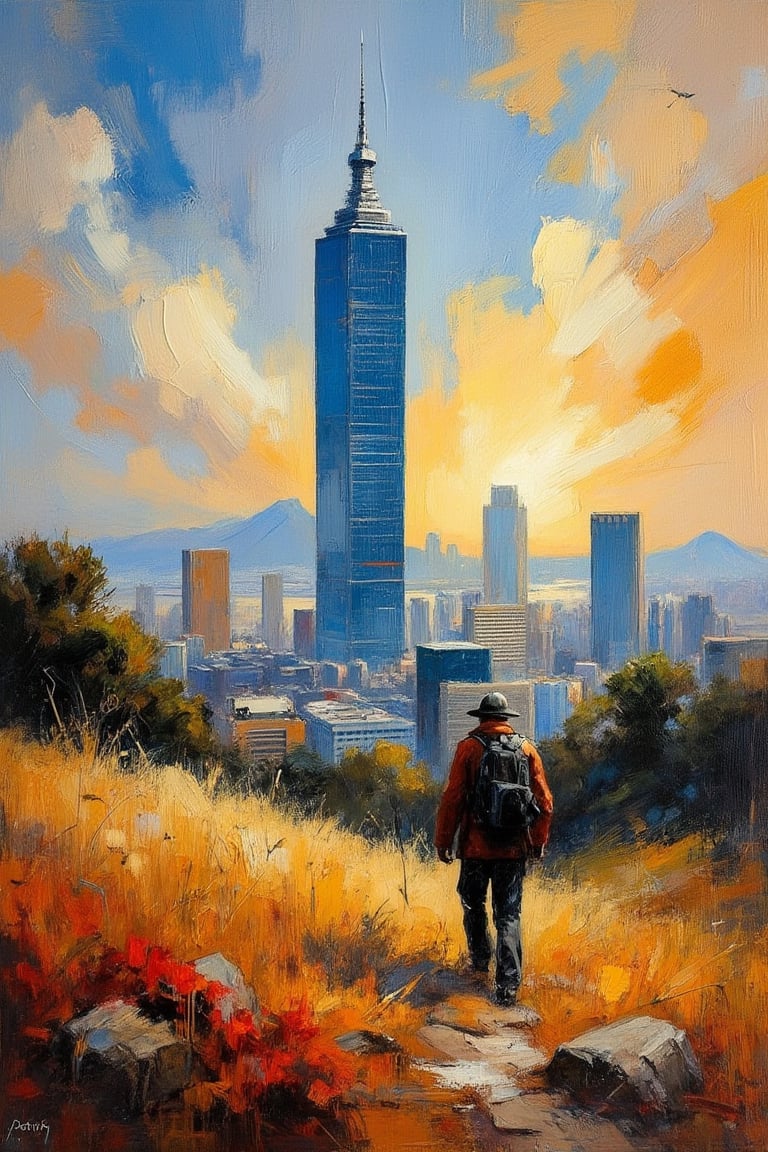 "A fine art oil painting, (Taipei 101 building), masterpiece, ultra-high resolution, sharp focus, crystal clear, vivid, high clarity, defined edges, ultra-sharp textures, subsurface scattering. The painting is rendered in ultra-high definition, with sharp textures and defined edges. The image is crystal clear and vivid, emphasizing crisp brush strokes throughout the scene. Subsurface scattering is used to enhance realism, adding depth to the textures, and the entire composition is meticulously focused on achieving ultra-sharp textures and visual clarity.", "a fine art oil painting in an abstract style", "landscape, person"