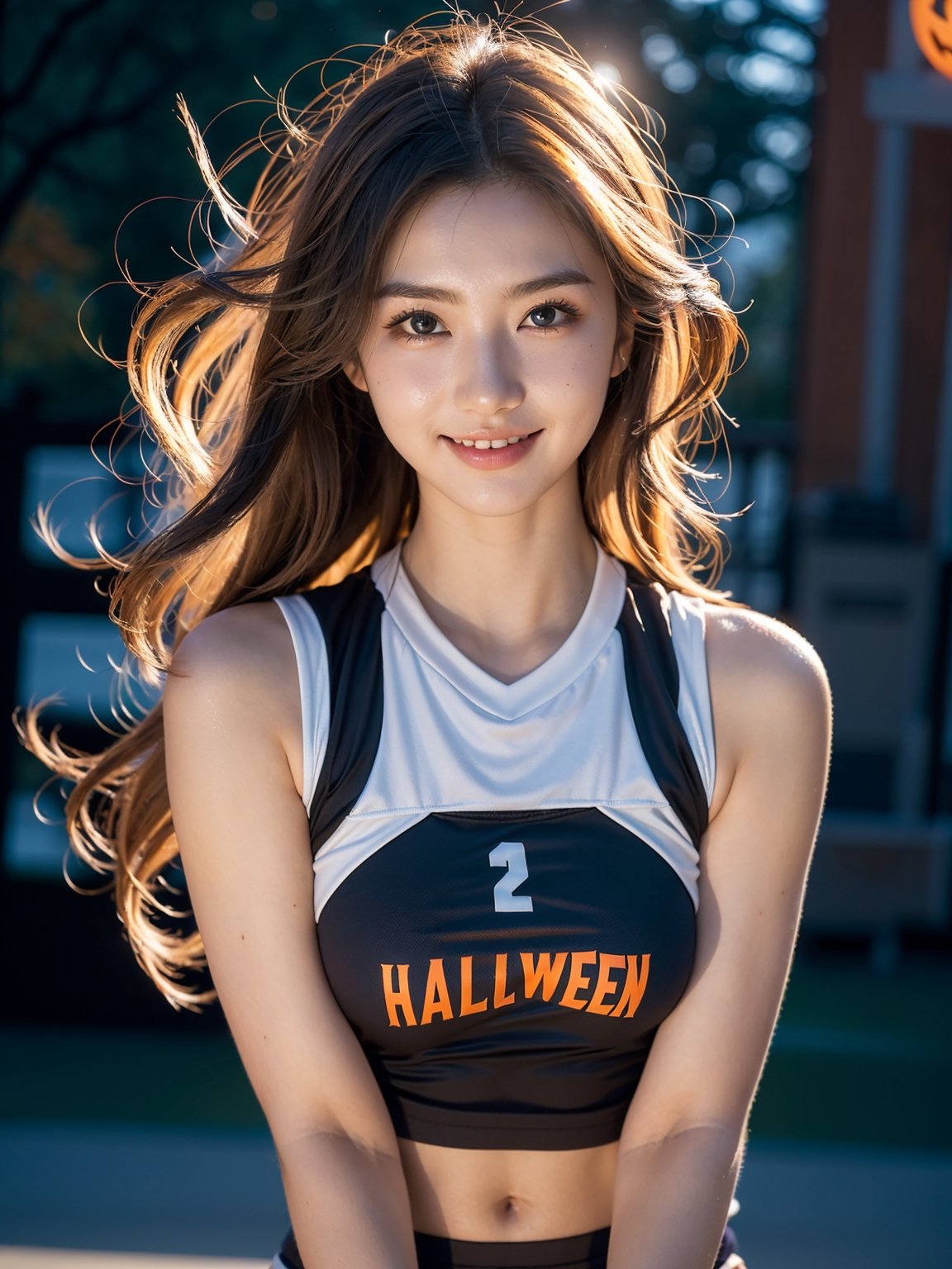 studio light,  depth of field,  upper body,  slender,  cute face,  smile,  beautiful details eyes,  19 years old japanese,  pretty,  Voluminous curls with warm blonde color,  Plaza,  casual,  ((see through)),  big breast,  realistic skin,  ((midnight, lively holloween background)), (perfect volleyball uniform), perfect body,