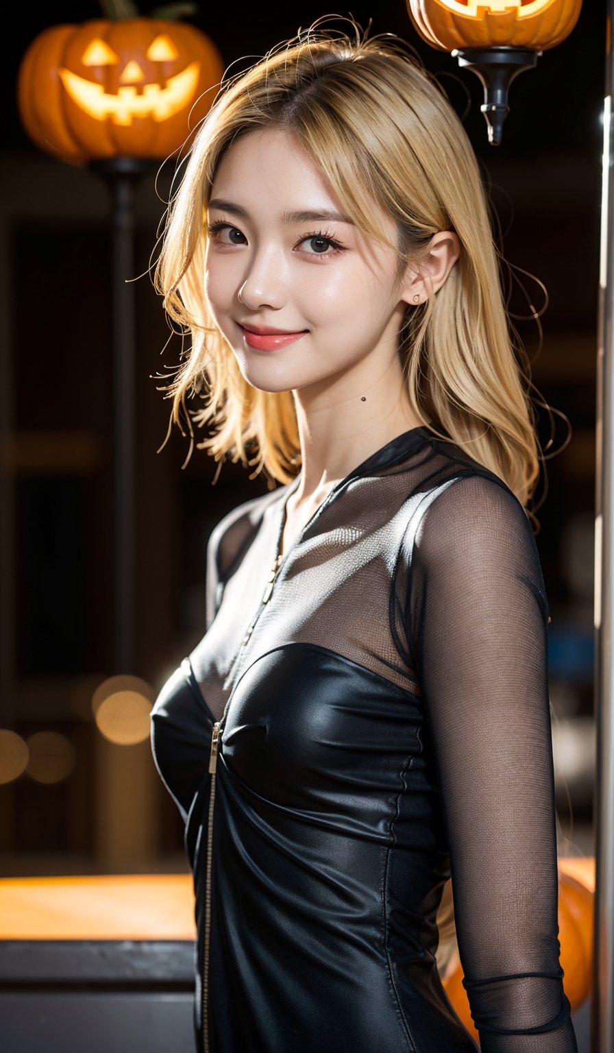 studio light, depth of field, upper body, slender, cute face, smile, beautiful details eyes, 19 years old japanese, pretty, Voluminous curls with warm blonde color, Plaza, casual, ((see through)), (holloween background, midnight), (grogous suit),