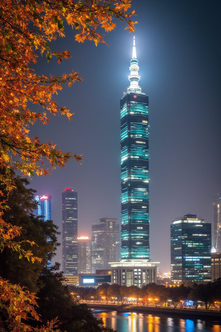 ((masterpiece, best quality)),(complex light), (TAIPEI 101 building)trending, high quality, realistic, intricate detailed, graceful and beautiful textures, 16K,aurora light,very bright view,Autumn style,cozy atmosphere, daytime sky,dancing autumn leaves, pixiv,fun,beautiful background, reflection, hologram,depth of field,fantastical elements,fantasy,noc-landscape,noc-detail,niji