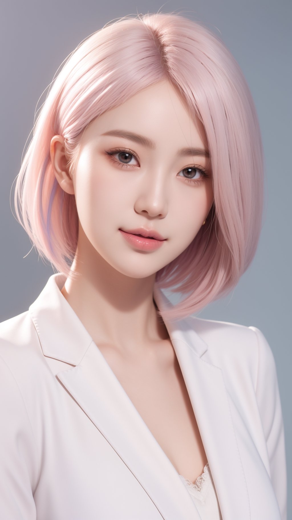 (masterpiece, best quality), intricate details, thin, ((slim)), beautiful girl, mature female, Light pink hair, white skin, light purple eyes, sharp jawline, cropped jacket, messy hair, lips, upper body, close up, smirk
